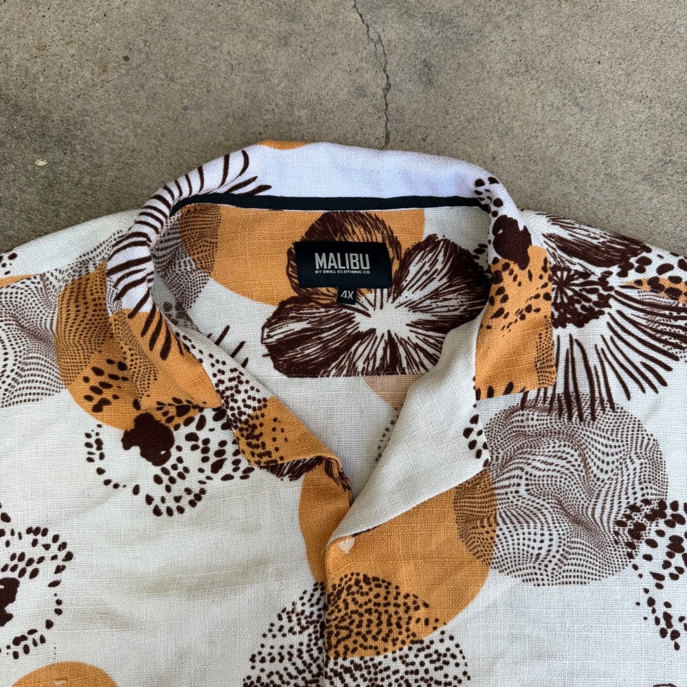 Malibu by Drill Clothing Co Mens 4X Abstract Floral Button Up Shirt Brown Ochre - Picture 2 of 8